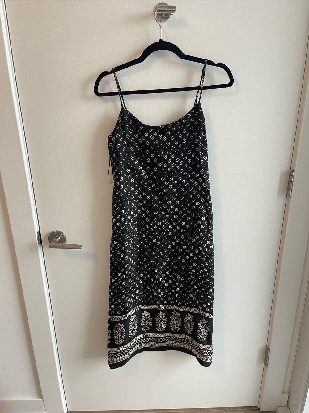 J Crew Black Printed Slip Dress with Border Detail
